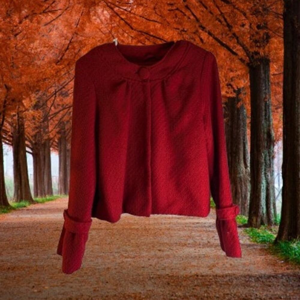 Oleg Cassini small wool blend long sleeve lined red evening jacket snap closure